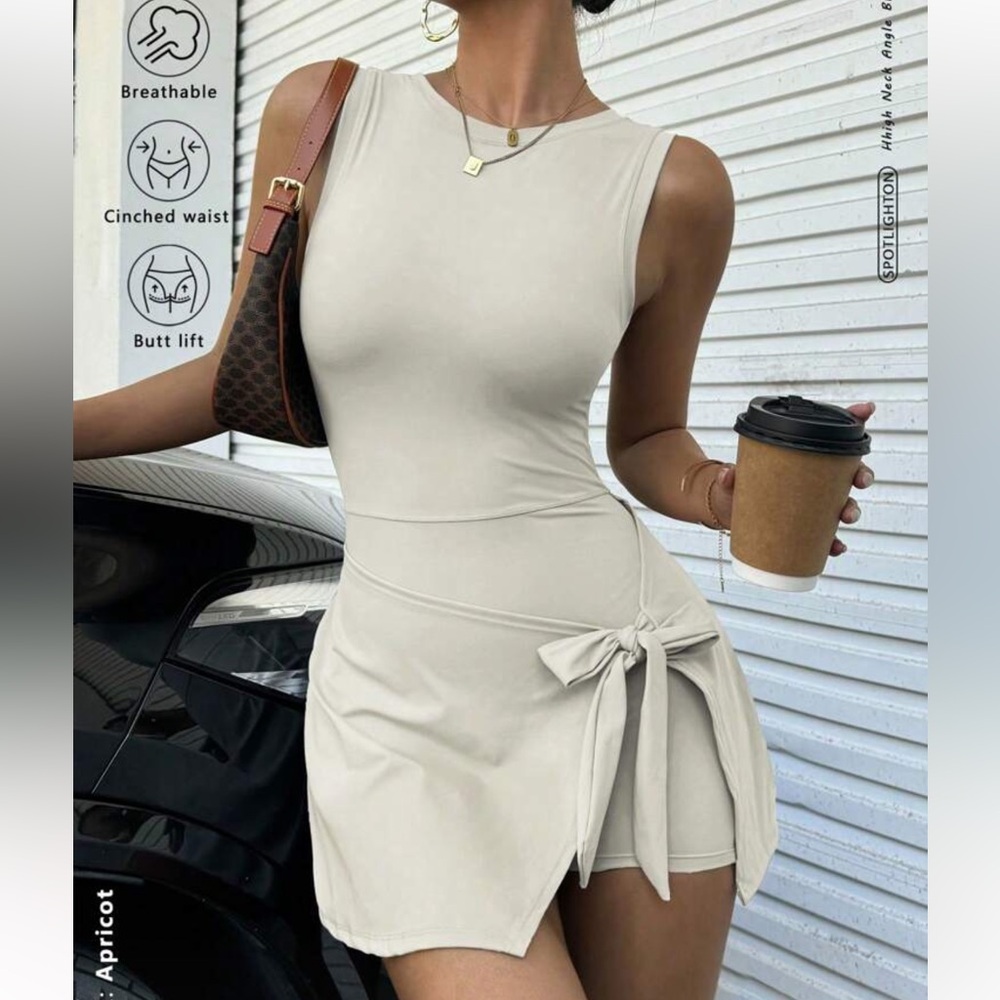 SHEIN Cream Sleeveless Tie-Waist Dress
